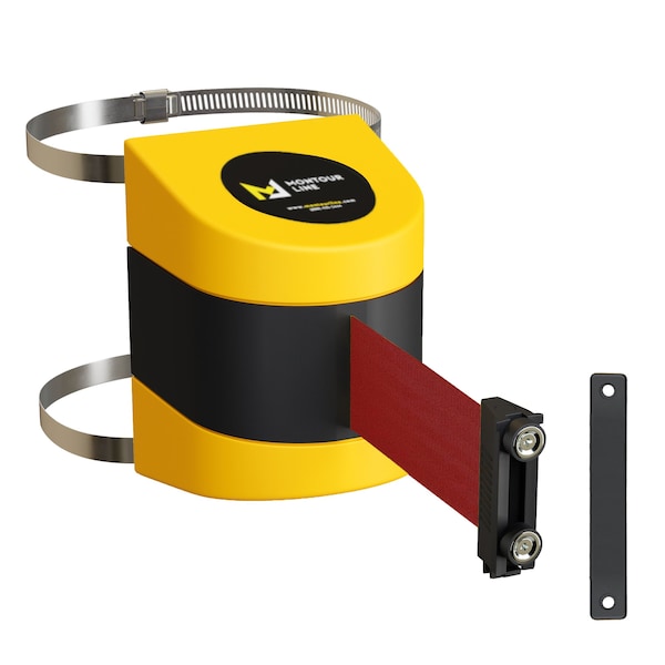 Montour Line Retractable Belt Barrier YW Clamped Wall Mount, 7.5'Maroon Belt (M) - PWM200-YW-MN-C-M-75
