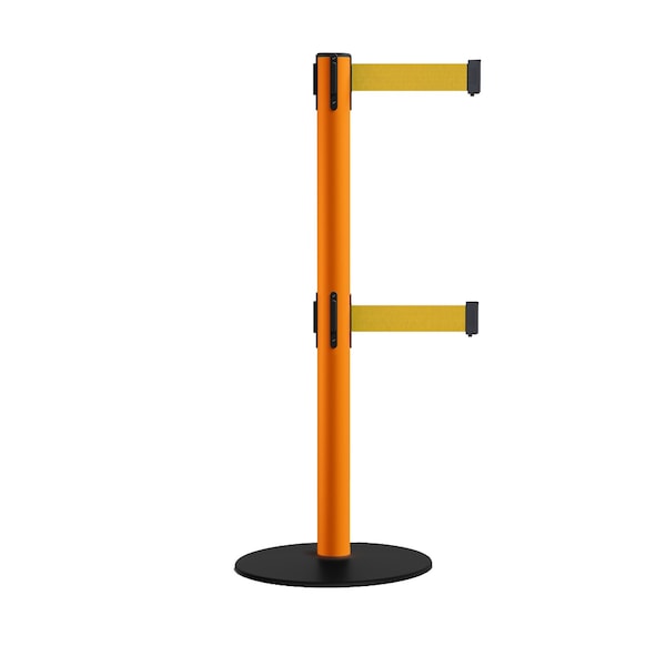 Montour Line Retractable Dbl Belt 2.5" Orange Post , Low Base, 9' YW Belt - S400D-OR-YW-90