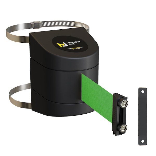 Montour Line Retractable Belt Barrier Black Clamped Wall Mount, 13' Green Belt (M) - PWM200-BK-GN-C-M-130