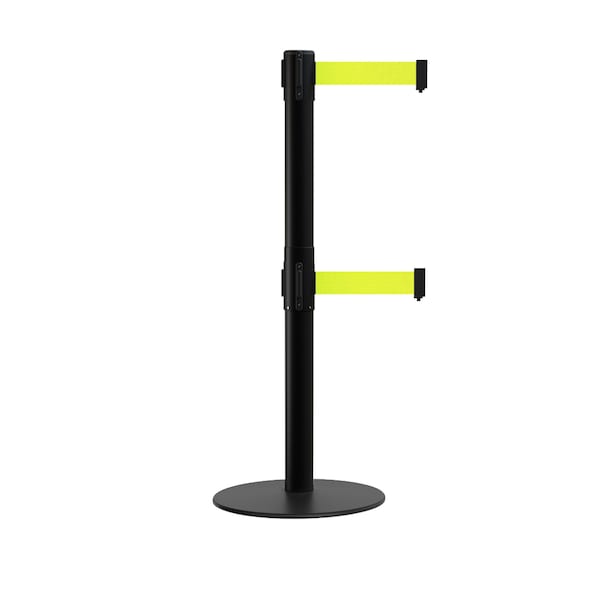 Montour Line Stanchion Dual Belt Barrier Flat Base Black Post 11ft.Fl. Yel Belt - S400D-BK-FYW-110