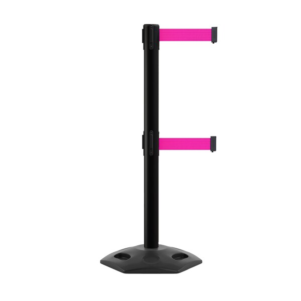 Montour Line Stanchion Dual Belt Barr. Rubber Base Black Post 11ft.Fl.Pnk Belt - P400DRB-BK-FPK-110