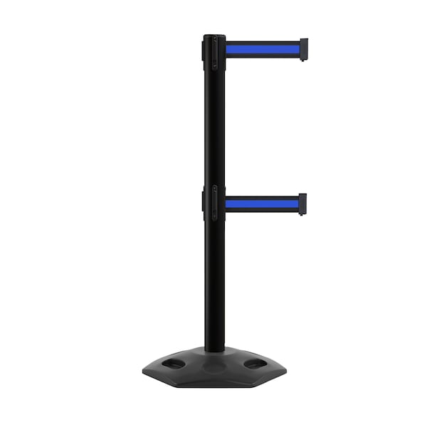Montour Line Stanchion Dual Belt Barr. Rubber Base Black Post 7.5ftBk/Bl Belt - P400DRB-BK-BBH-75