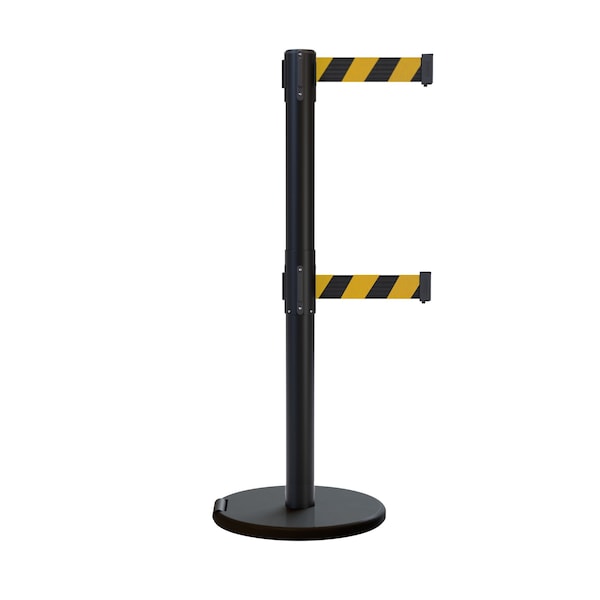 Montour Line Retractable Double Belt Rolling Stanchion, Black/Yellow, 7.5 ft Length, 2.5 ft Post Height - P400DRL-BK-BYD-75