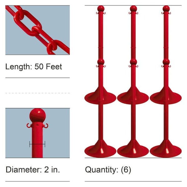 Mr. Chain Red Medium Duty Stowable Stanchion Kit and Chain, 6PK - 73705-6