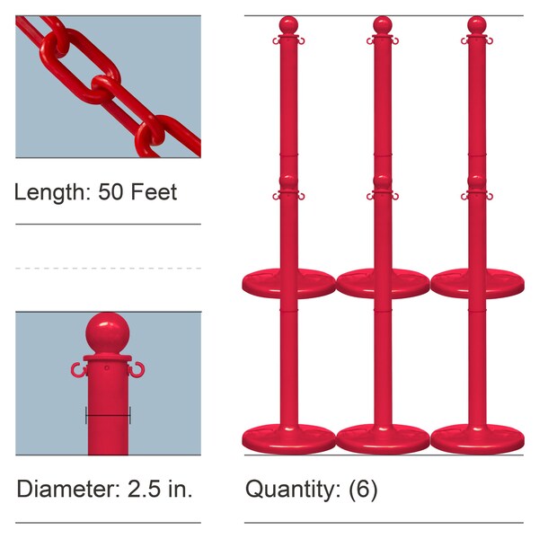 Mr. Chain Red Medium Duty Stowable Stanchion Kit and Chain, 6PK - 73705-6