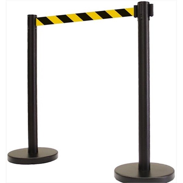 Vic Crowd Control Inc VIP Crowd Control 1108 14 in. Flat Base Black Post & Cover Retractable Belt Stanchion - 6.5 ft. Safety Stripe Belt - 1108