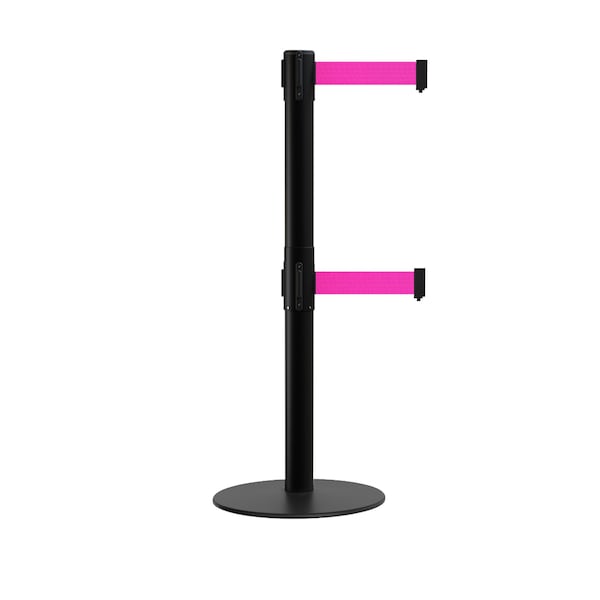 Montour Line Stanchion Dual Belt Barrier Flat Base Black Post 9ft.Fl.Pink Belt - S400D-BK-FPK-90