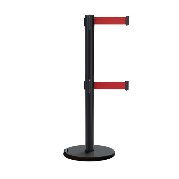 Montour Line Retractable Double Belt Rolling Stanchion, Red, 9 ft Length, 2.5 ft Post Height - P400DRL-BK-RD-90