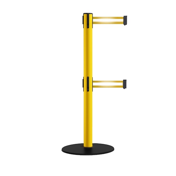 Montour Line Stanchion Dbl Belt Barrier Yellow Post Low Base 13ft. Yel/Ref. HL Belt - S400D-YW-YRH-130