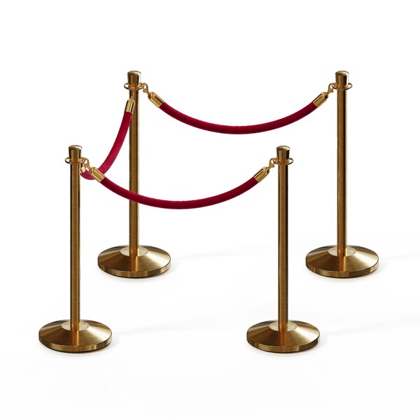 Montour Line Stanchion Post and Rope Kit Sat.Brass, 4 Crown Top 3 Maroon Rope - 4-SB-CN-3-PVR-MN-PB