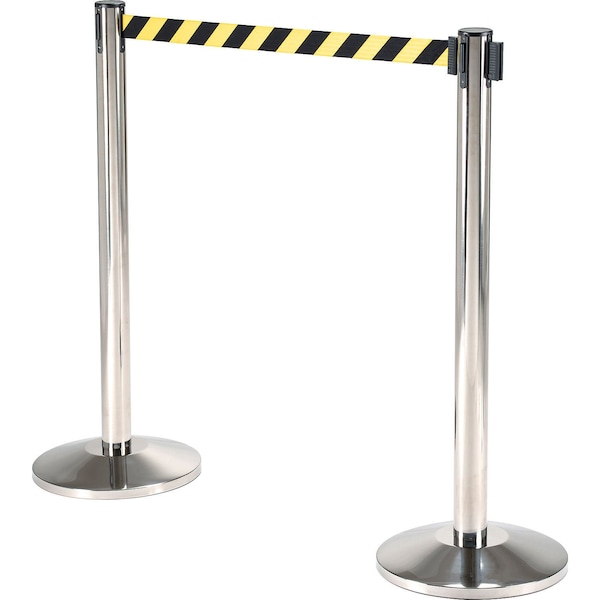 Global Industrial Retractable Belt Barrier, 40 Stainless Steel Post, 10' Black/Yellow Belt - 708415YB