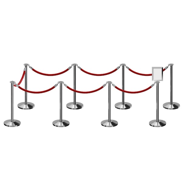 Montour Line Stanchion Post and Rope Kit Pol.Steel, 8FlatTop 7RedRope 8.5x11V Sign - C-KIT-7-PS-FL-1-TAPPED-1-8511-V-7-ER-RD-PS