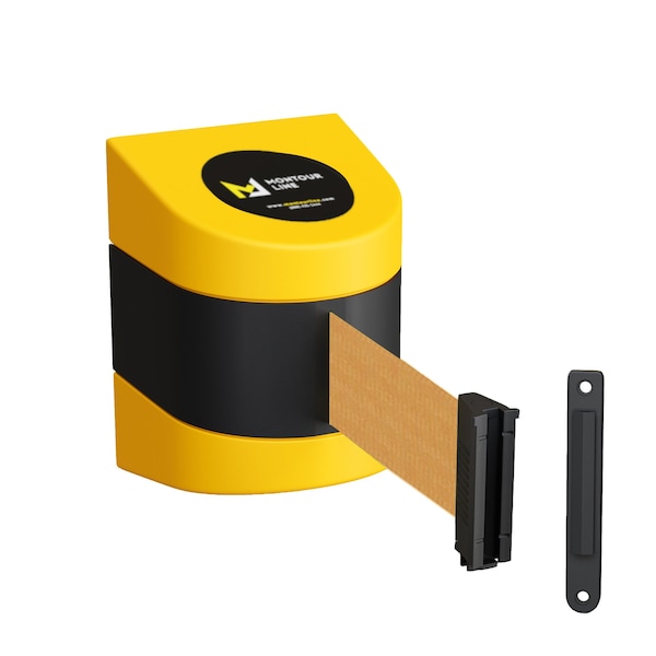 Montour Line Retractable Belt Barrier YW Fixed Wall Mount 25' Brown Belt (F) - PWM300-YW-BN-F-S-250