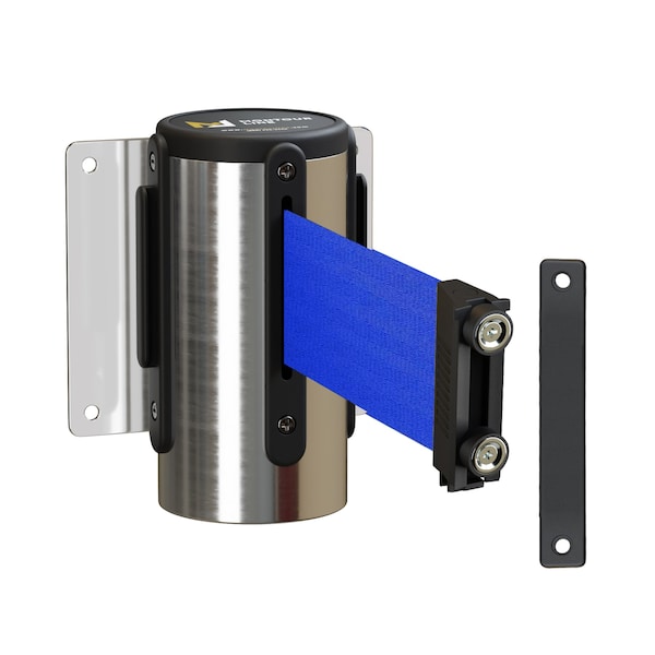 Montour Line Retr. Belt Barrier Fxd Pol. Stainless, Metal Wall Mt 8.5' Blue Belt - MWM100-PS-BL-F-M-85