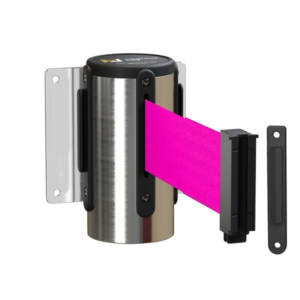 Montour Line Retr. Belt Barrier Wall Mnt Pol. SS Fxd, 8.5' Fluorescent Pink Belt - WM115-PS-FPK-F-S-85