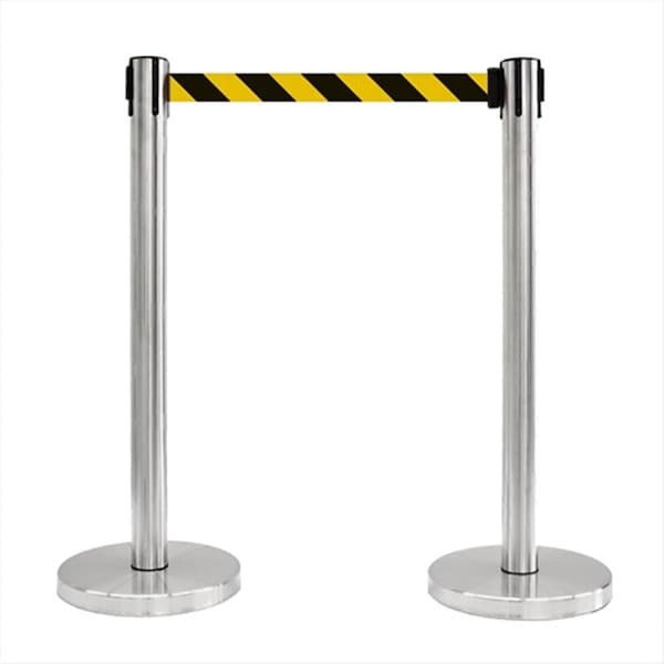 Captain Cold 12 in. Flat Base Satin Stainless Post Retractable Belt Stanchion - 6.5 ft. Safety Stripe belt - CA2043279
