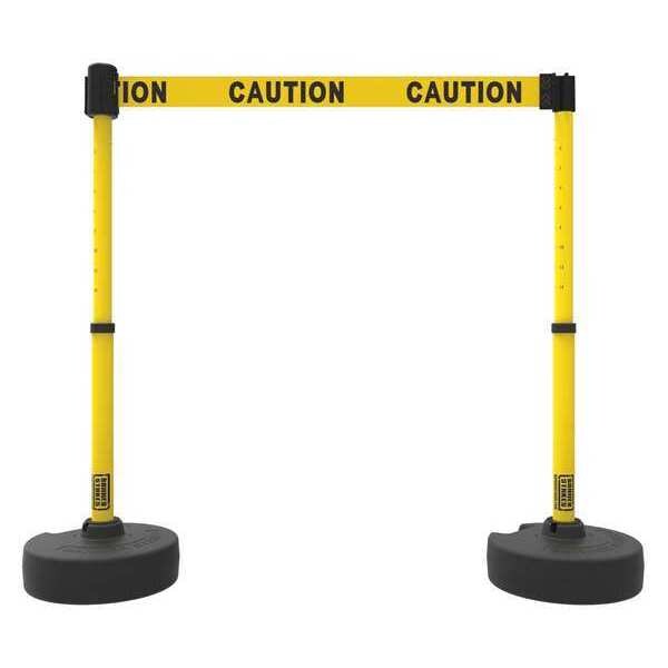 Banner Stakes Belt Barrier System, Yellow, 15 ft Length, 22 in to 42 in Adjustable Post Height, Caution - PL4283