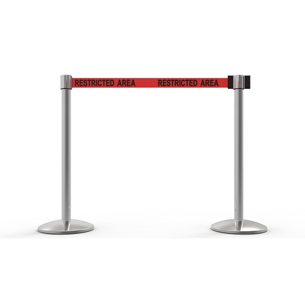 Banner Stakes Retractable Belt Barrier, Red, 7 ft Length, Polished Chrome - AL6205C
