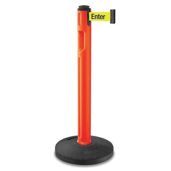 Lavi Industries Barrier Post with Belt, Orange, 12 ft Length, 38 1/4 in Post Height, Caution - Please Do Not Enter - 80-5000R/OR/FY/S6
