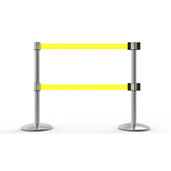 Banner Stakes Retractable Belt Barrier, Yellow, 7 ft Length, Polished Chrome - AL6204C-D