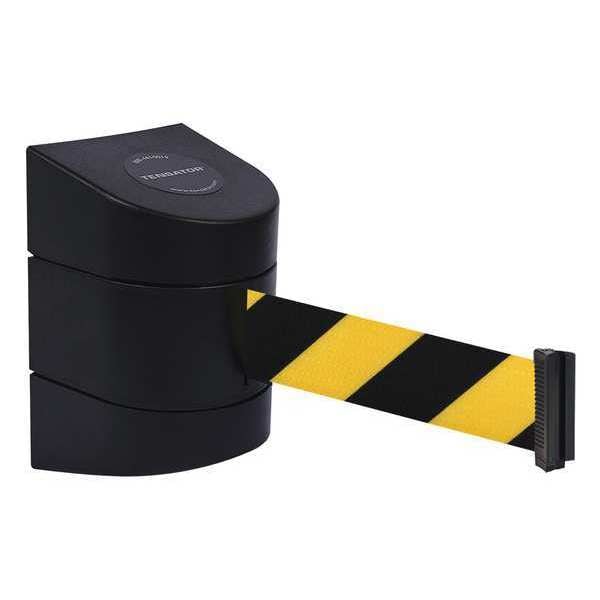 Tensabarrier Barrier Post with Belt, Black, 15 ft Length, 5-1/2" Post Height, No Legend, Unfinished - 897-15-R-33-NO-D4X-C