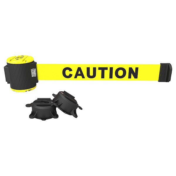 Banner Stakes Barrier Post with Belt, Yellow, 15 ft Length, 22 in to 42 in Adjustable Post Height, Caution - PL4083