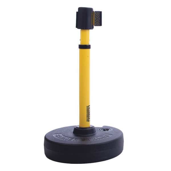 Banner Stakes Barrier Post with Belt, Yellow, 15 ft Length, 22 in to 42 in Adjustable Post Height, Caution - PL4083