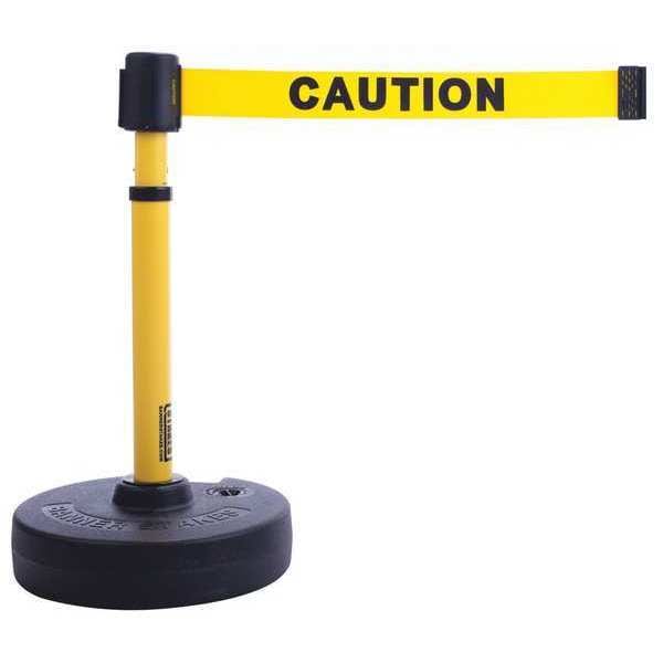 Banner Stakes Barrier Post with Belt, Yellow, 15 ft Length, 22 in to 42 in Adjustable Post Height, Caution - PL4083