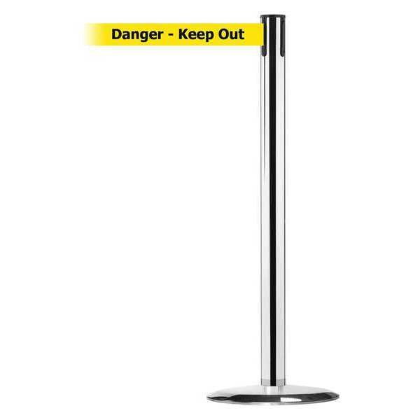 Tensabarrier Barrier Post with Belt, 13 ft Length, 38 in Post Height, Danger Keep Out, Polished chrome - 889U-1P-1P-MAX-NO-YDX-C