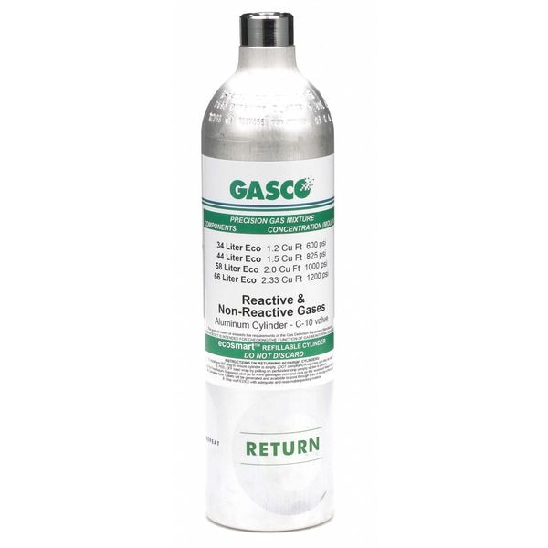 Gasco Calibration Gas, Carbon Monoxide, Hydrogen Sulfide, Methane, Nitrogen, Oxygen, 66 L, +/-5% Accuracy - 66ES-401