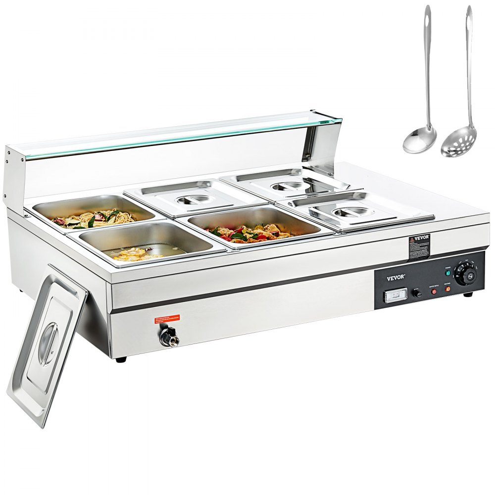 VEVOR 6-Pan Commercial Food Warmer, 6 x 12QT Electric Steam Table with Tempered Glass Cover, 1500W Countertop Stainless Steel Buffet Bain Marie 86-185°F Temp Control for Catering, Restaurants, Silver - BL612QT1500W6UDSFV1