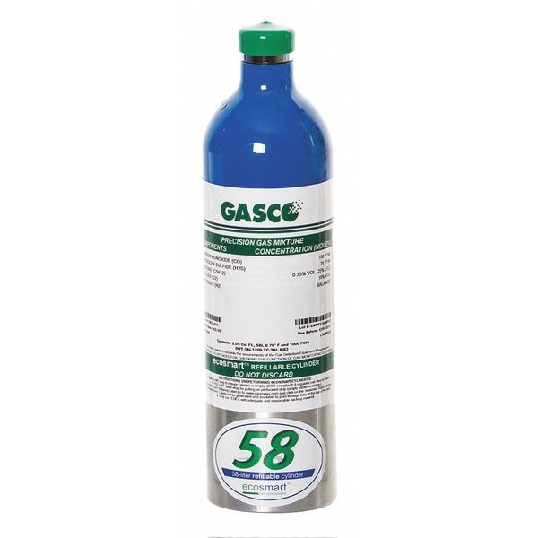 Gasco Calibration Gas, Carbon Monoxide/Hydrogen Sulfide/Pentane/Oxygen/Nitrogen, 58 L, C-10 Connection - 58ES-422