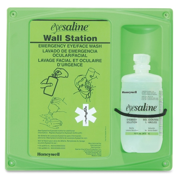 Honeywell Single Use Eyewash Station, 1 Bottle Buffered Saline Solution Included (16 oz), Plastic Housing - 32-000460-0000-H5
