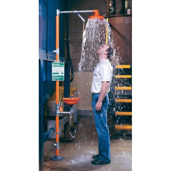 Guardian Equipment Shower with Eyewash, Floor Mount, Plastic Bowl, Galvanized Steel Pipe, Orange - G1902P