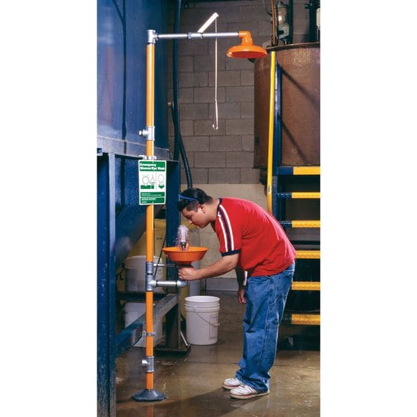 Guardian Equipment Shower with Eyewash, Floor Mount, Plastic Bowl, Galvanized Steel Pipe, Orange - G1902P