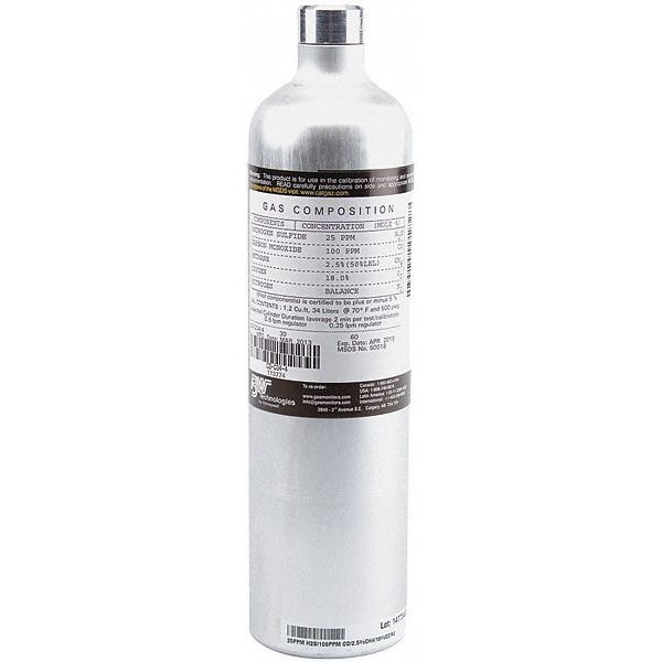 Honeywell Calibration Gas, Carbon Dioxide, Carbon Monoxide, Hydrogen Sulfide, Methane, Oxygen, 34 L - CG-QT34-1