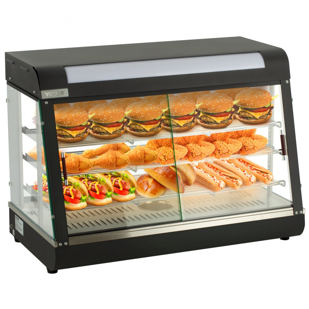 VEVOR Commercial Food Warmer Display, 3 Tiers, 1800W Pizza Warmer w/ 3D Heating 3-Color Lighting Bottom Fan, Countertop Pastry Warmer w/Temp Knob Display 0.6L Water Tray, Stainless Frame Glass Doors - SPBWJCYTGPQGHGAZGV1