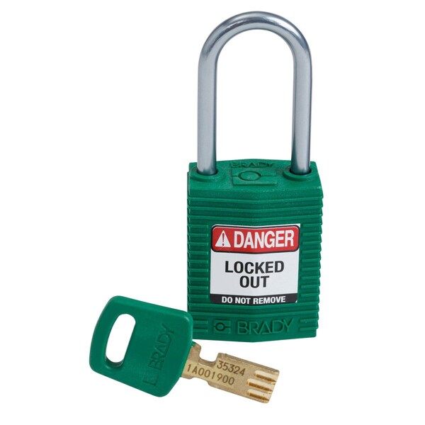Brady Compact SafeKey Key Retaining Nylon Padlock 1.5 in Aluminum Shackle KD Green 1PK - CPT-GRN-38AL-KD