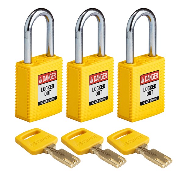 Brady Safekey Lockout Padlock Nylon Yellow 1.5" S - NYL-YLW-38ST-KA3PK