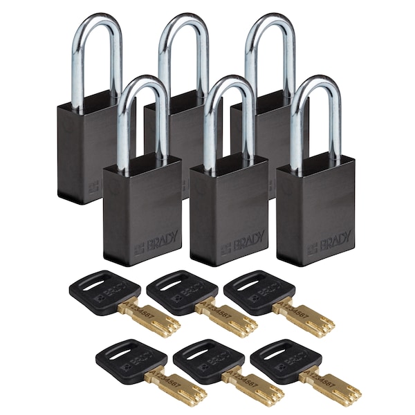 Brady Safekey Lockout Padlock Aluminum Black 1.5" - ALU-BLK-38ST-KA6PK