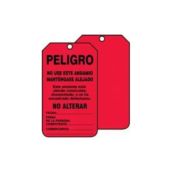 Accuform Spanish Safety Tags, DANGER DO NOT USE THIS SCAFFOLD KEEP OFF, 5.75in x 3.25in, RP-Plastic, 25PK - SHTSS101PTP