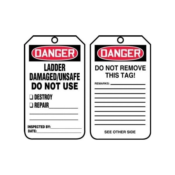 Accuform Safety Tags, DANGER LADDER DAMAGED/ UNSAFE DO NOT USE, 5.75in x 3.25in, RP-Plastic, 25PK - MDT234PTP