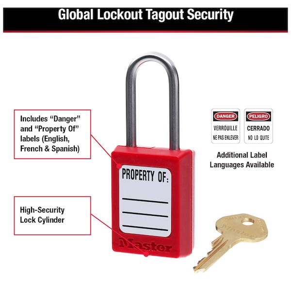 Master Lock Zenex Thermoplastic Padlock, 1-3/8 in Wide, 1-1/2 in H, Stainless Steel Shackle, Key Retaining, Red - S31RED