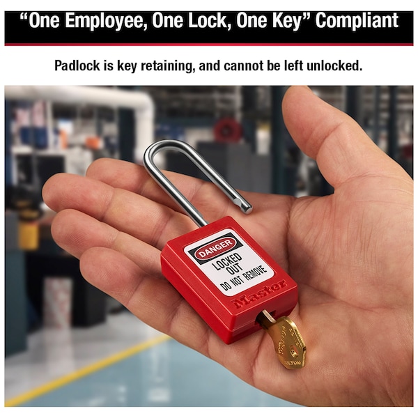 Master Lock Zenex Thermoplastic Padlock, 1-3/8 in Wide, 1-1/2 in H, Stainless Steel Shackle, Key Retaining, Red - S31RED