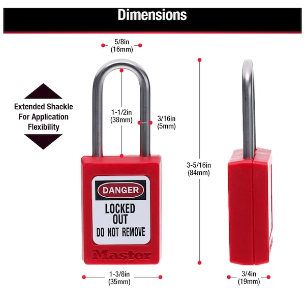 Master Lock Zenex Thermoplastic Padlock, 1-3/8 in Wide, 1-1/2 in H, Stainless Steel Shackle, Key Retaining, Red - S31RED
