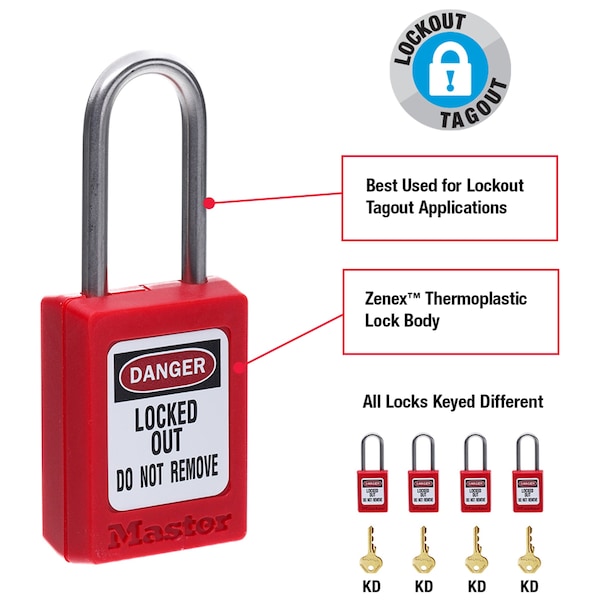 Master Lock Zenex Thermoplastic Padlock, 1-3/8 in Wide, 1-1/2 in H, Stainless Steel Shackle, Key Retaining, Red - S31RED