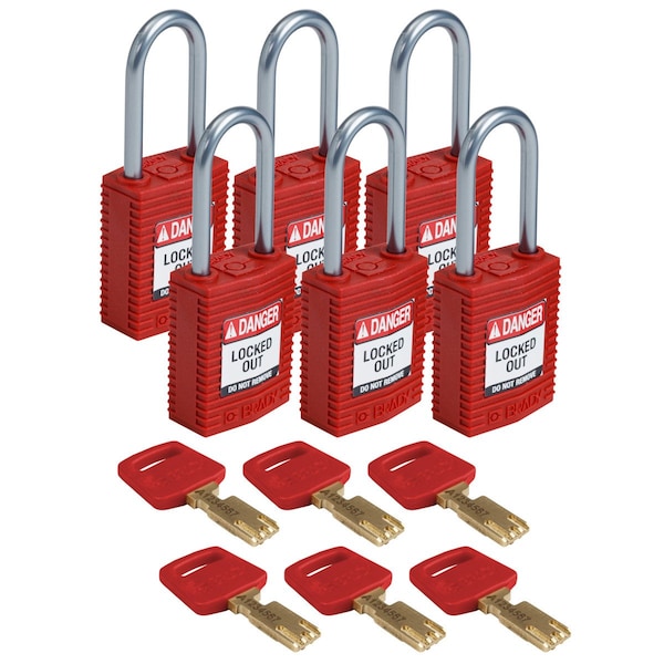 Brady Compact SafeKey Key Retaining Nylon Padlock 1.5 in Aluminum Shackle KD Red 6PK - CPT-RED-38AL-KD6PK