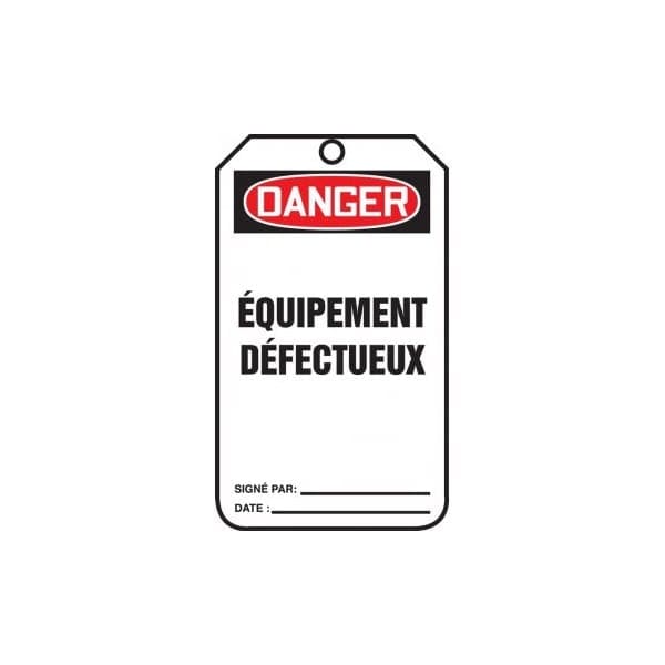Accuform French Safety Tags, DANGER EQUIPMENT DEFECTUEUX, 5.75in x 3.25in, RP-Plastic, 25PK - TCF014PTP