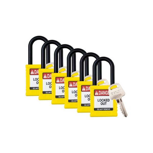 Brady Brady Safety Lockout Padlock, Keyed Different, 1-1/2in, Plastic/Nylon, Yellow, 6/PK - SDPL-YLW-38PL-KD6