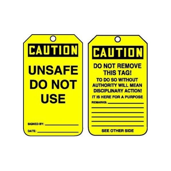 Accuform Safety Tags, CAUTION UNSAFE DO NOT USE, 5.75in x 3.25in, RP-Plastic, 25PK - MCGT225PTP